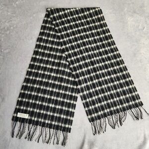 Vintage John Hanly & Co Ireland 100% Lambswool Scarf Plaid Black White Wool